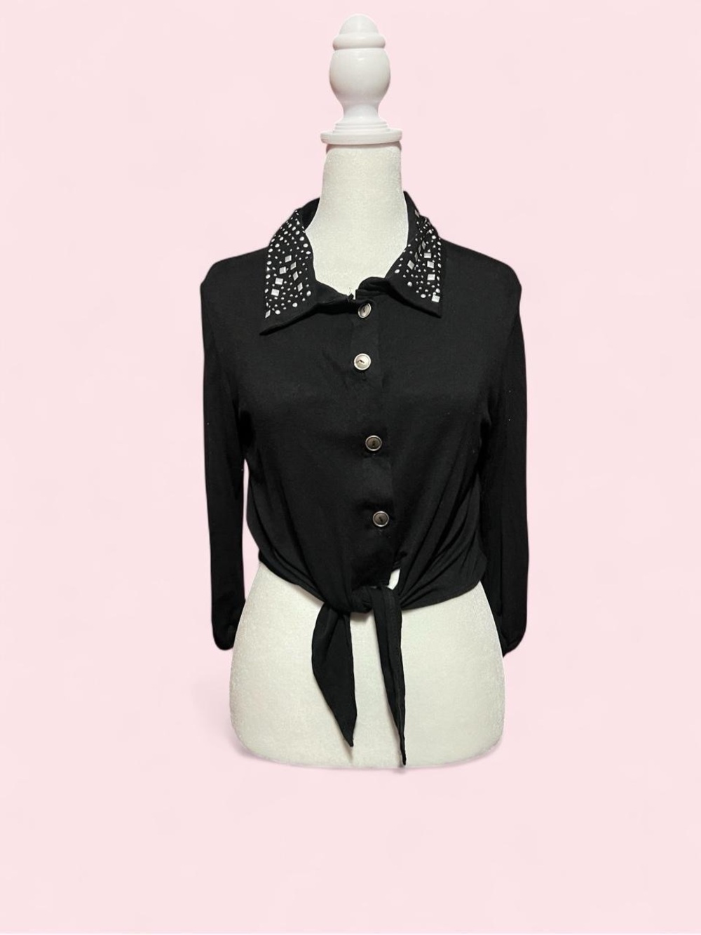 Large Cropped Black Tie-Front Button Shirt with Embellished Collar